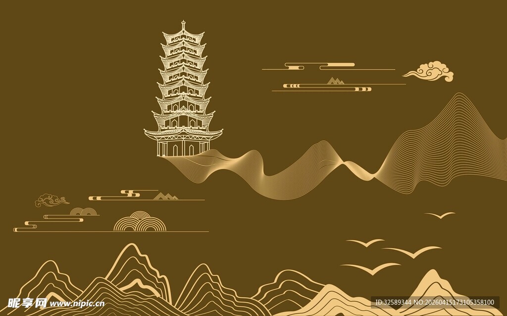 中式山水古塔简约插画