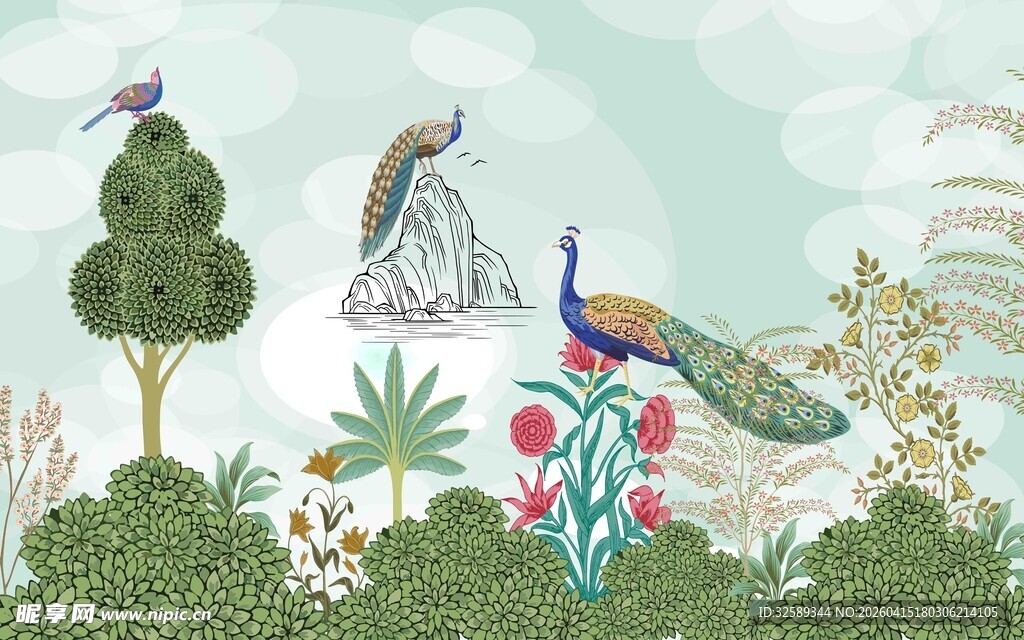 孔雀栖于繁茂植物间