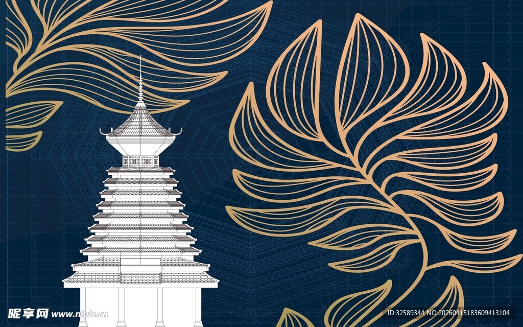 中式古塔与飘逸花纹图案