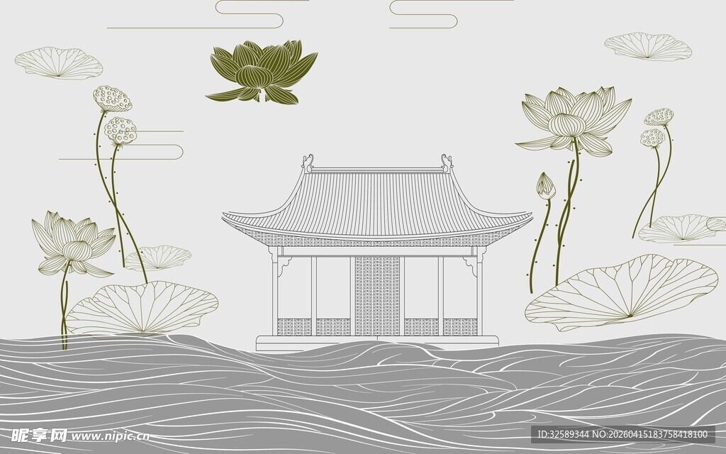 中式古风建筑与荷花图景