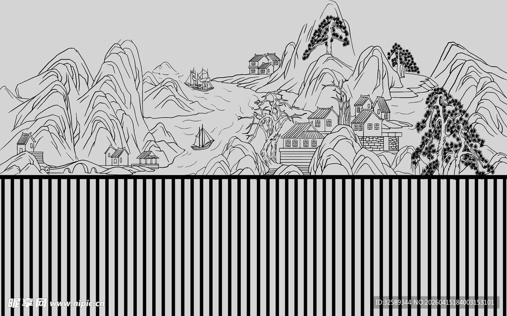 黑白线条风山水人物画