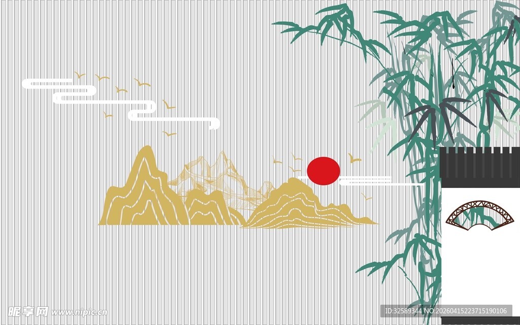 山水竹叶风景插画