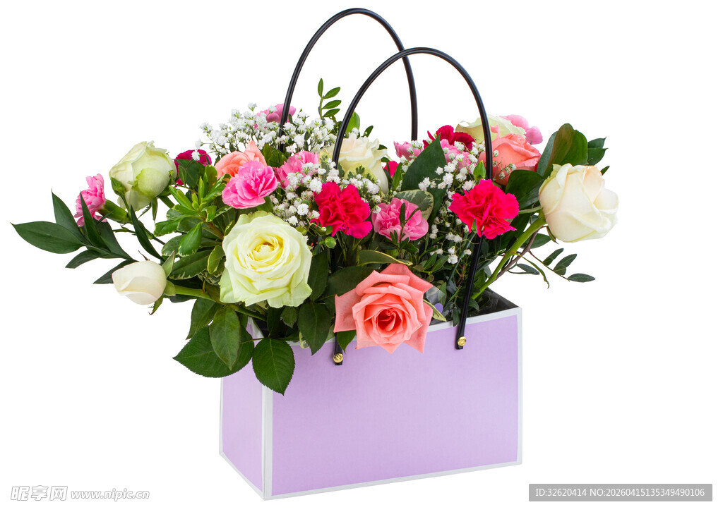 紫色手提袋中的多彩花束