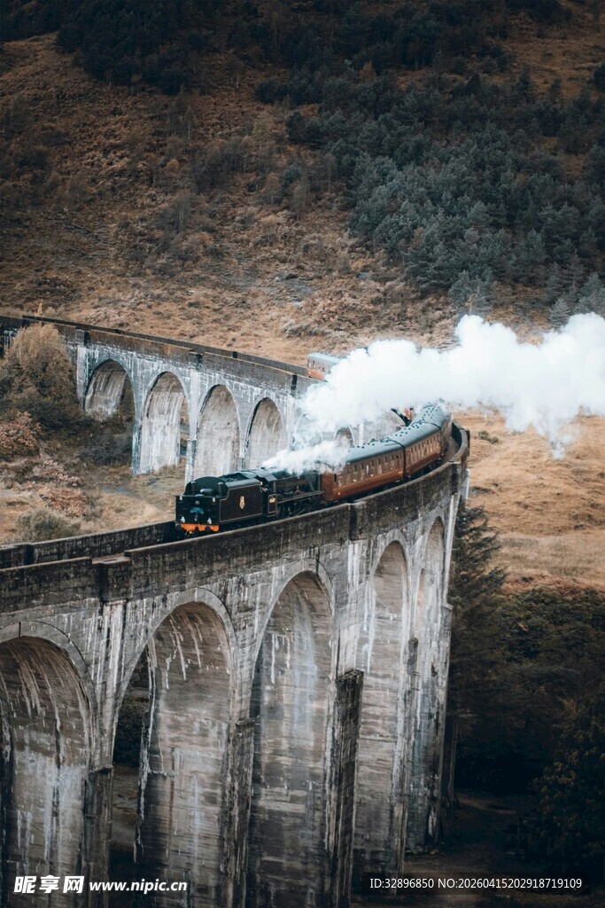 古老高架桥上的蒸汽火车
