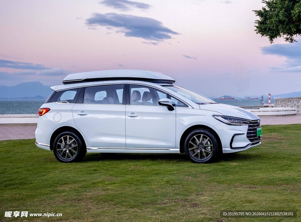 海滨草地旁的白色旅行车