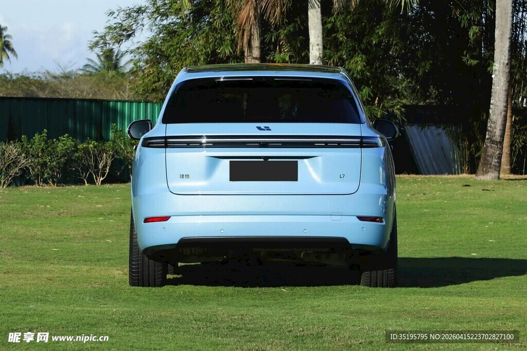 蓝色汽车停在绿草地上