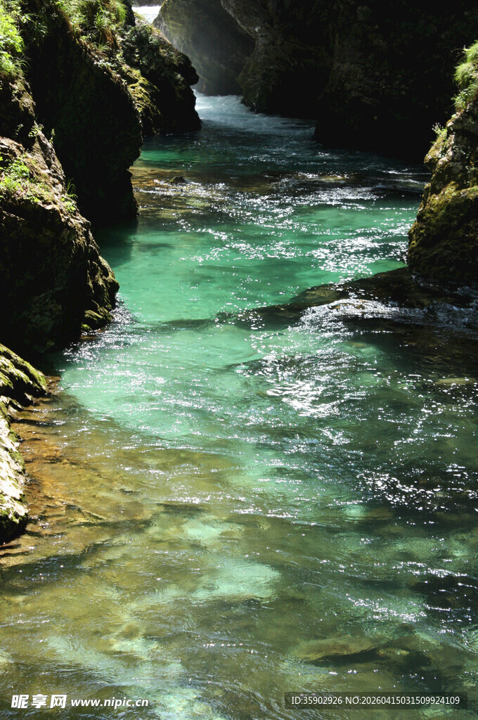 清澈碧绿山间溪流美景