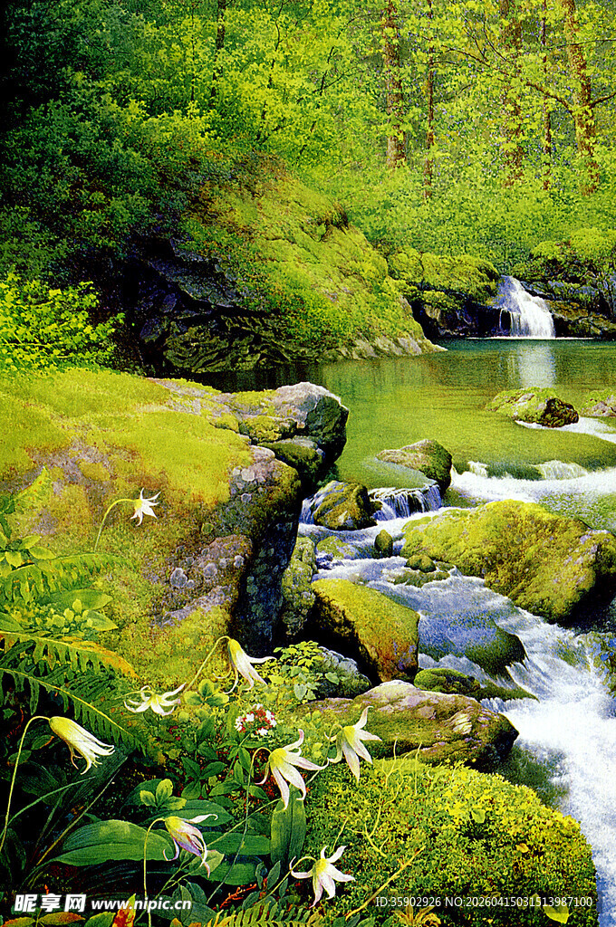 溪边垂钓者绿意环绕天地