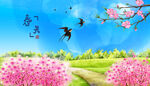 春日繁花飞鸟美景图
