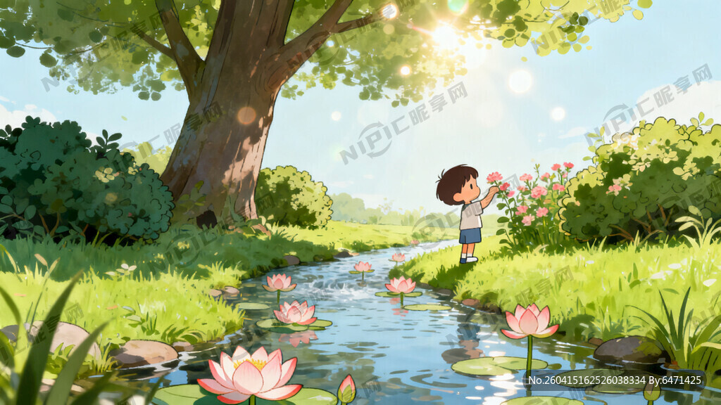 荷花  小溪   草地 