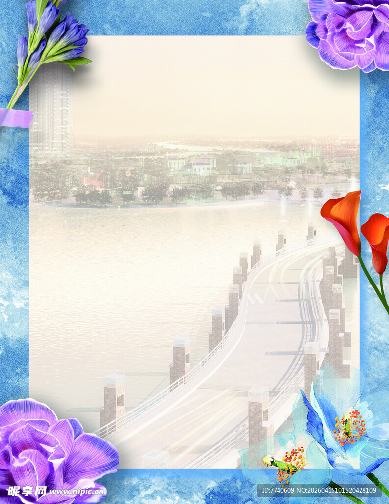 梦幻花卉环绕的唯美风景背景图