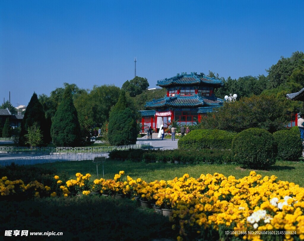 湖畔繁花映衬中式建筑