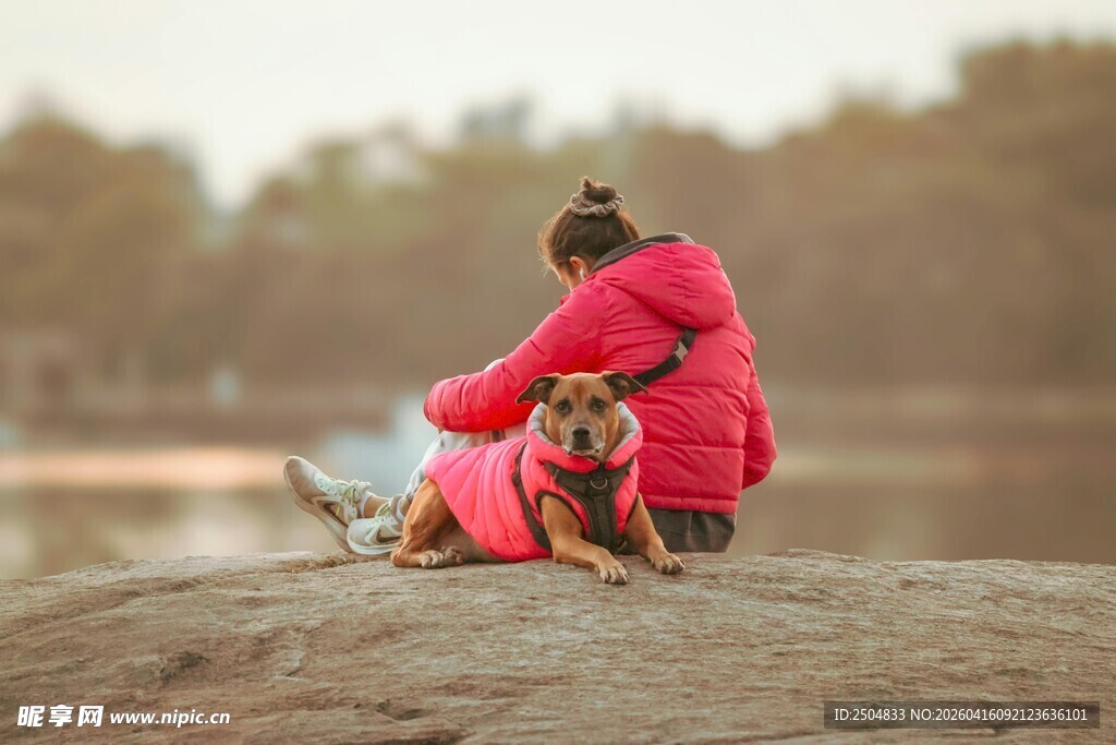 女子与狗在户外温馨相伴