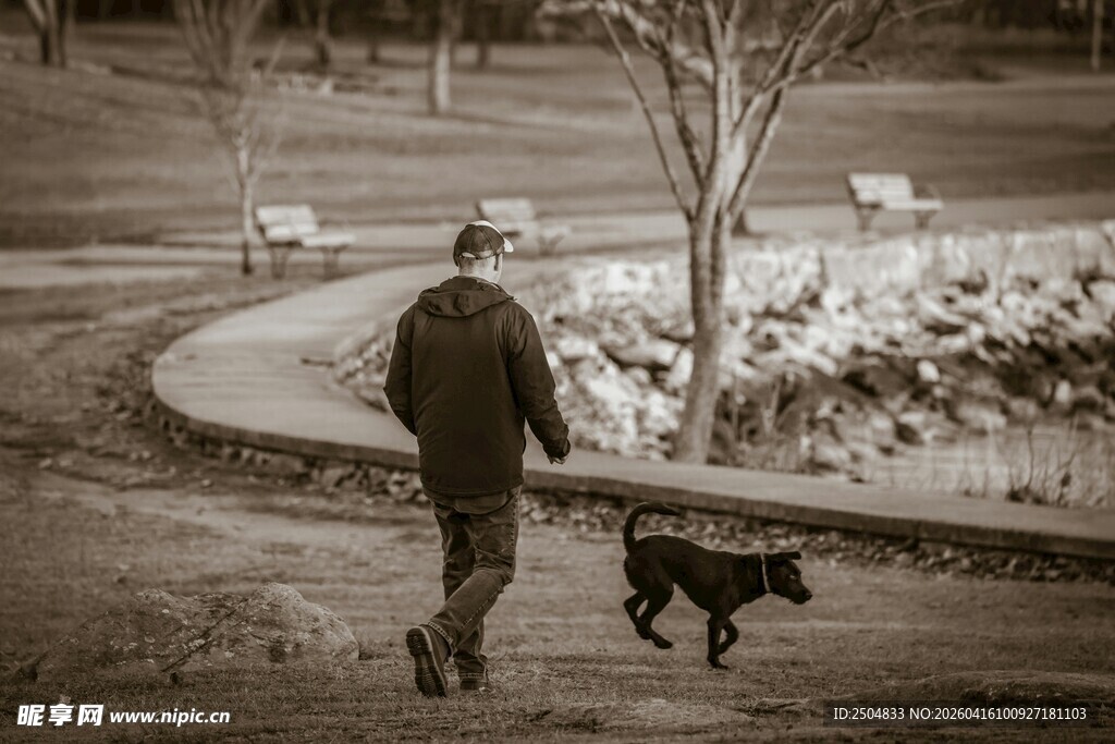 男子冬日公园遛狗场景
