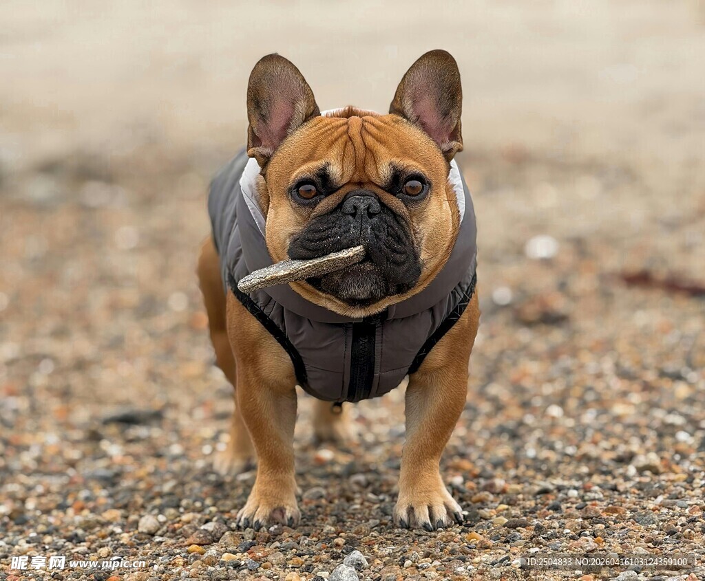 叼木棍的法国斗牛犬