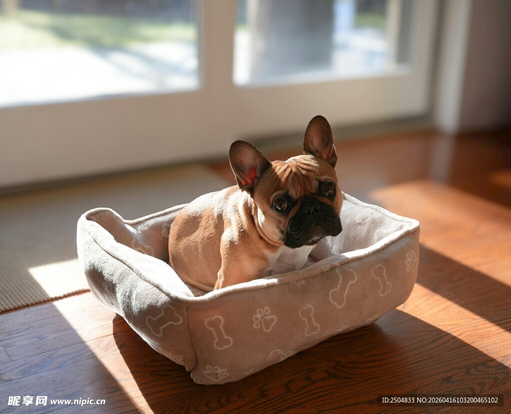 法斗惬意躺卧在宠物床中