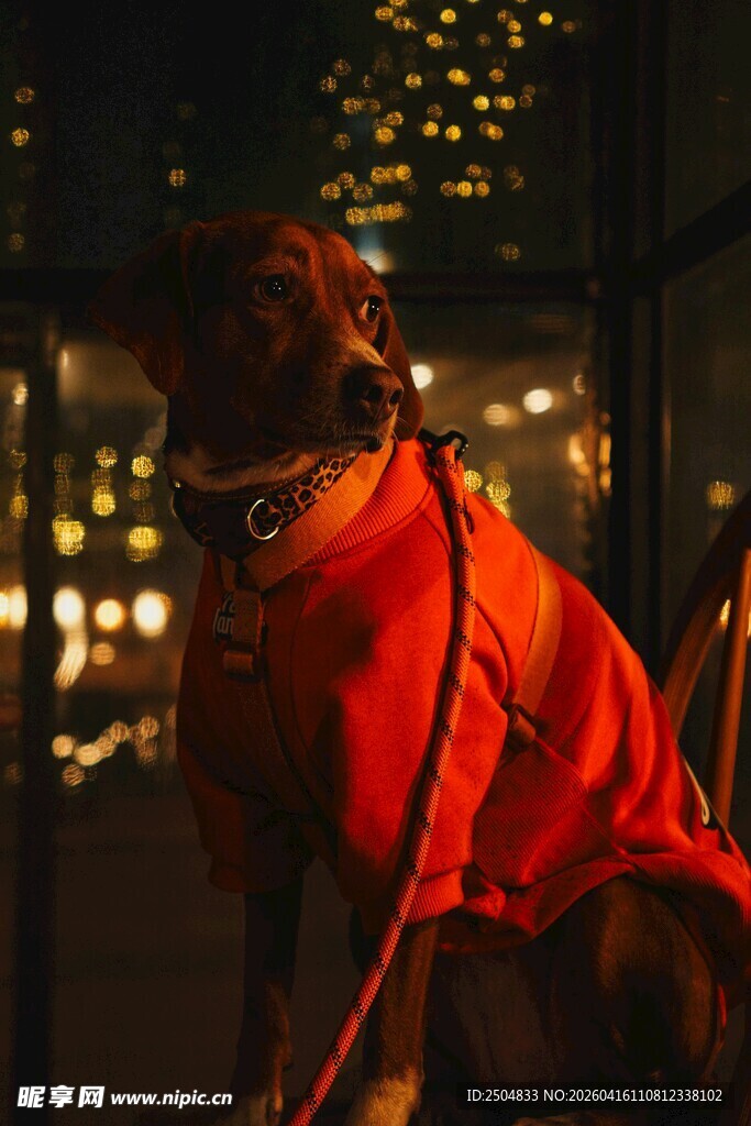 夜晚穿红衣的帅气狗狗