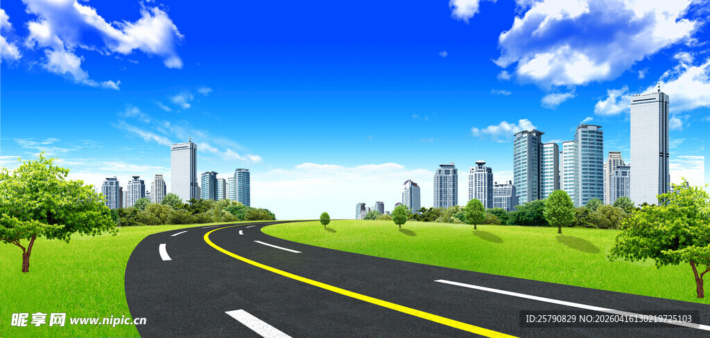 城市公路风景绿意盎然