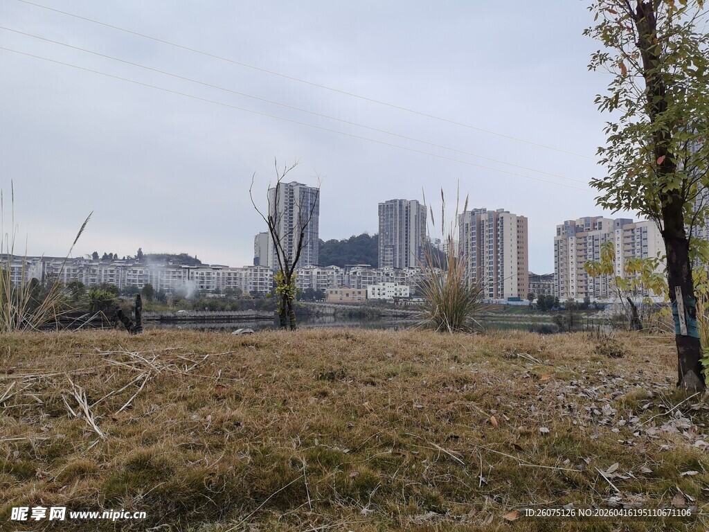 城郊荒地与远处高楼景观