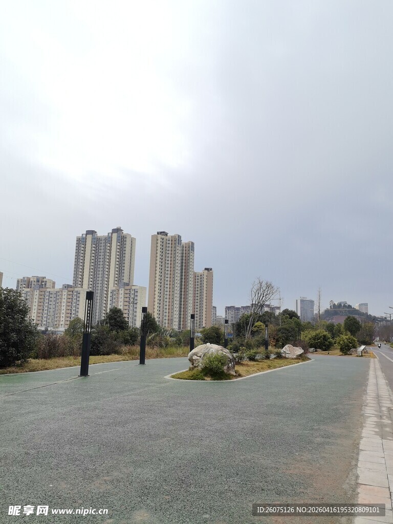 城市公园旁的现代建筑群