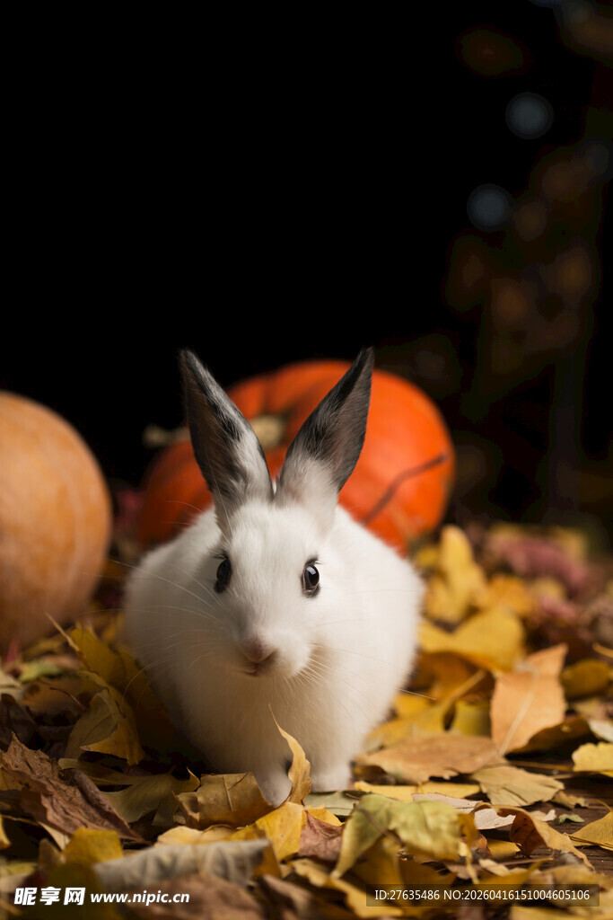 白兔置身秋叶南瓜间