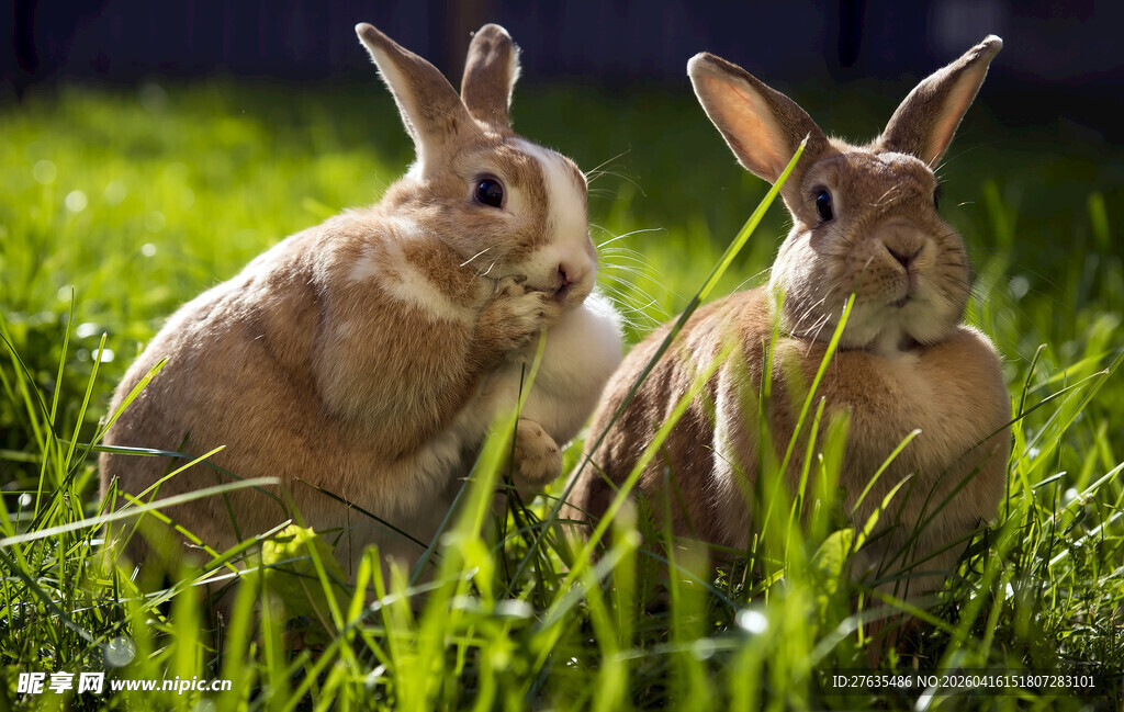 草地上的两只可爱野兔