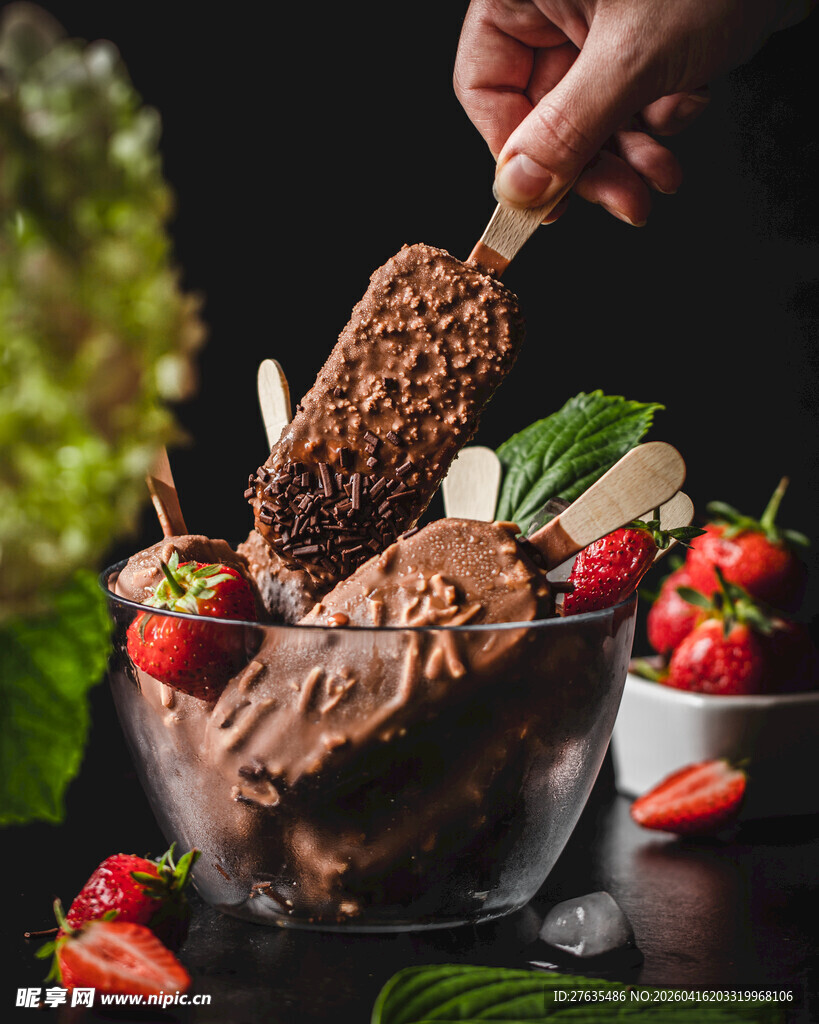 美味巧克力冰淇淋配鲜果