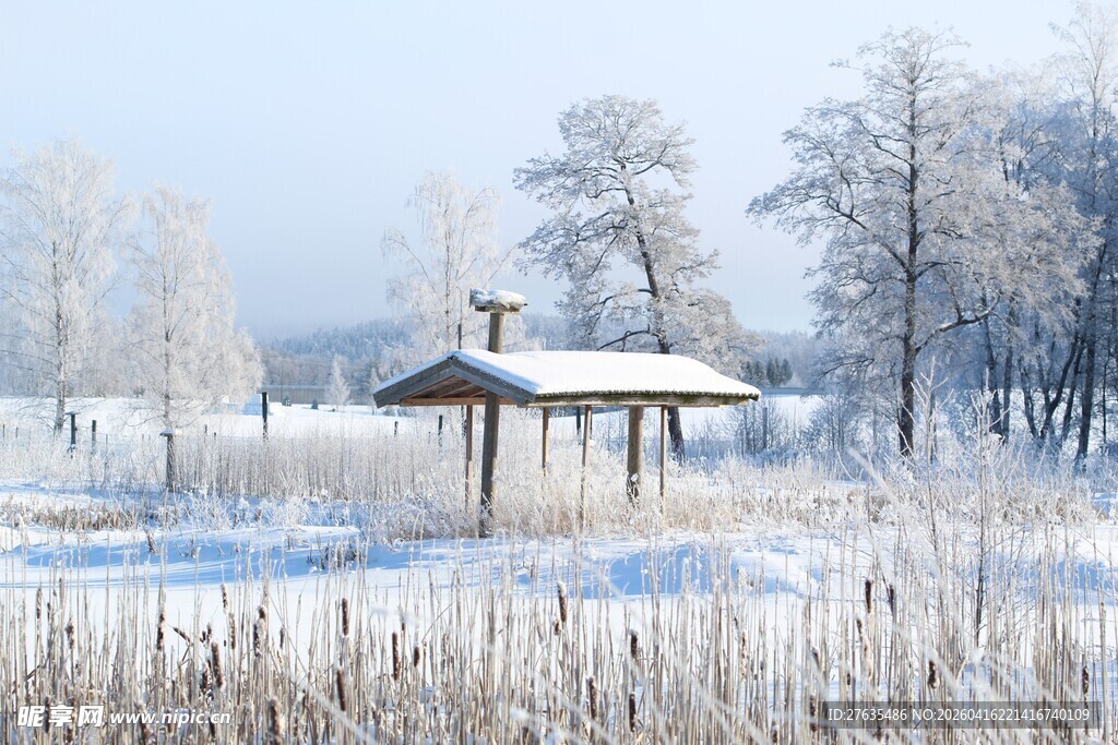 冬日雪野中的静谧小亭