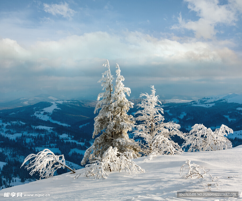 雪覆山林的冬日壮丽景观