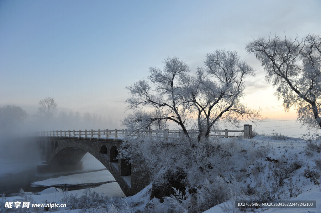 冬日雪覆桥梁与树木美景