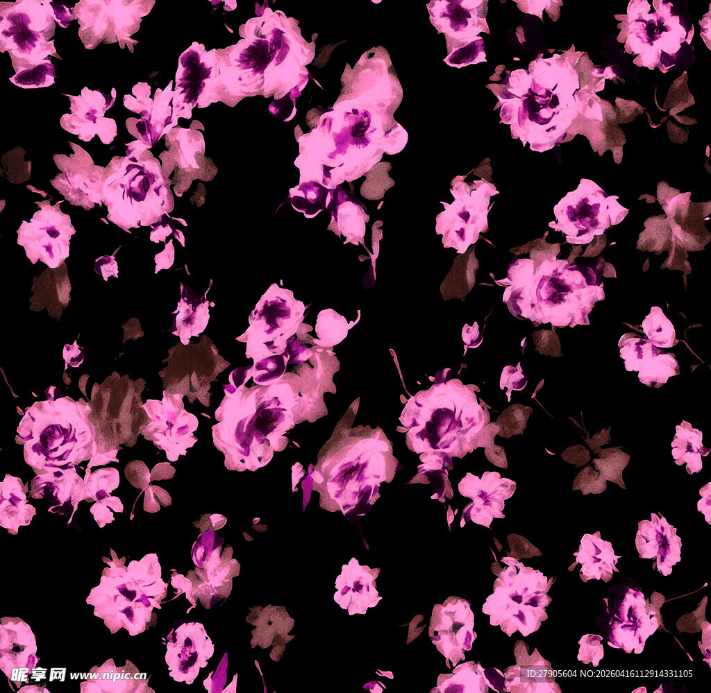 粉色花卉黑色背景图案