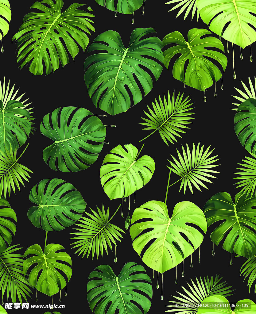 热带绿叶无缝图案背景