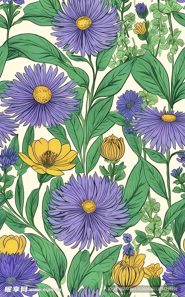 紫色花卉与绿叶图案设计