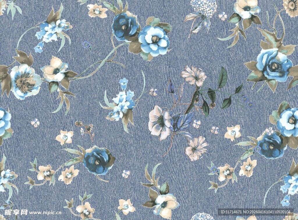 蓝底清新花卉图案