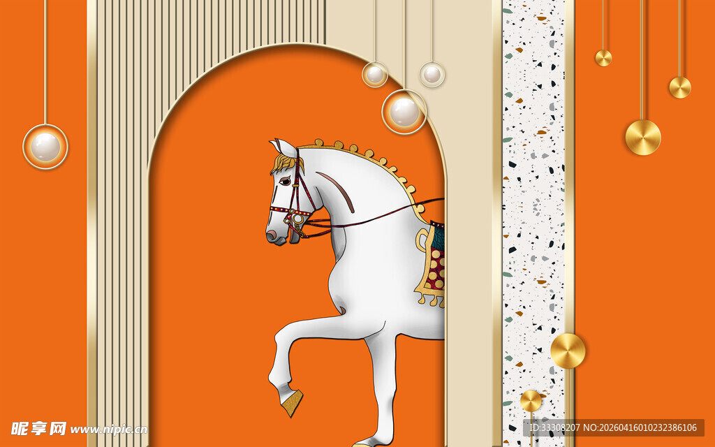 橙色背景前的优雅白马