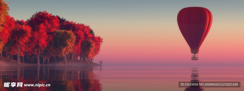 夕阳下的热气球与梦幻岛屿