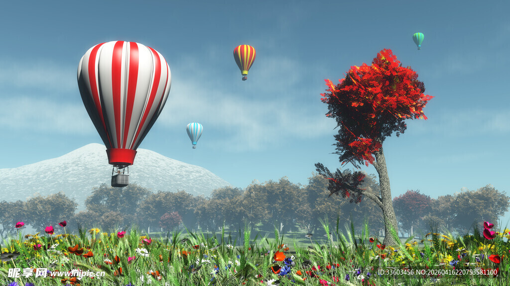 梦幻热气球飞临繁花草地