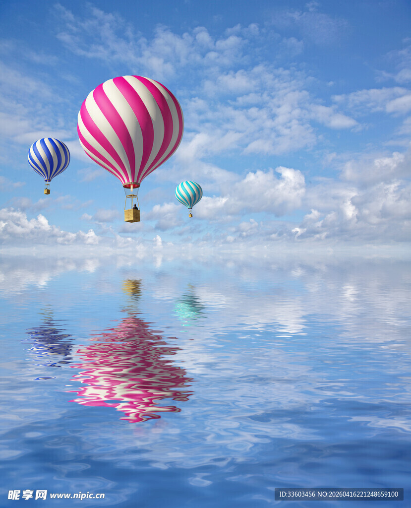 梦幻热气球漂浮于蓝天湖面