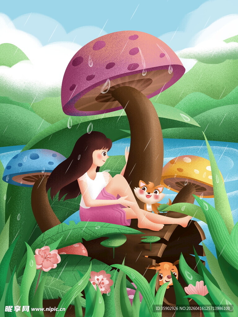 女孩与蘑菇下的梦幻场景