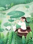 女孩泛舟赏荷田园美景
