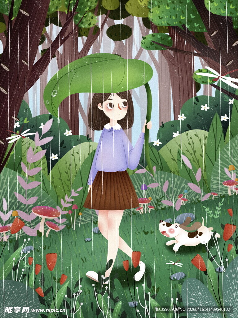 森林中撑伞漫步的女孩