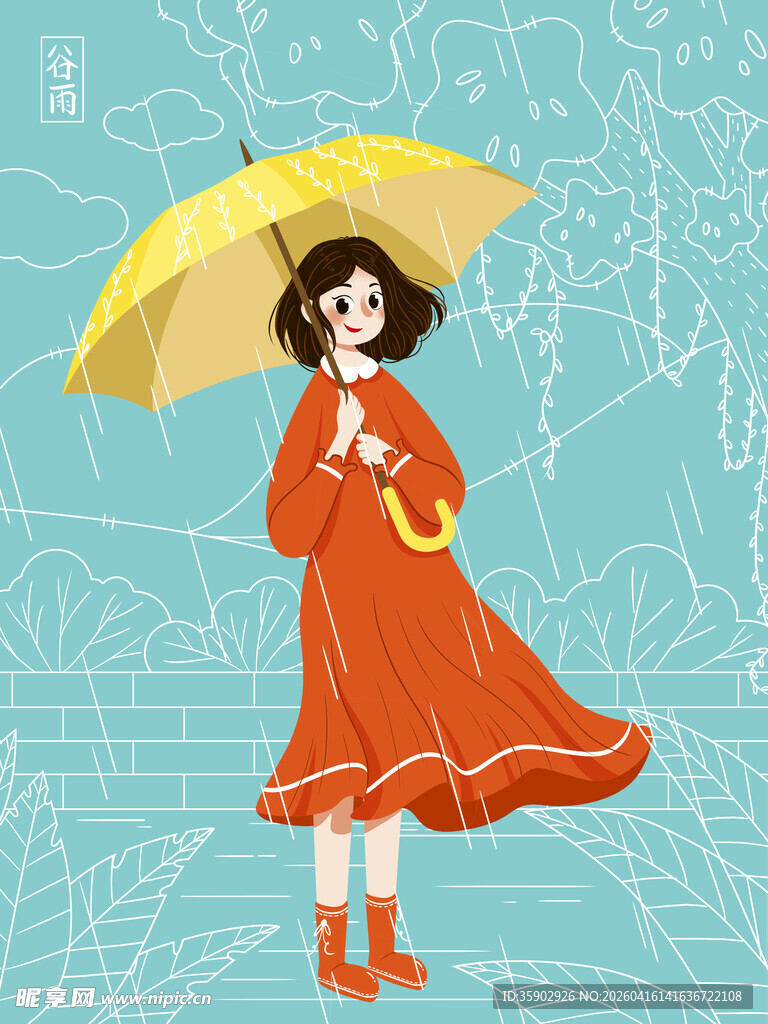 雨中撑伞的红衣女孩