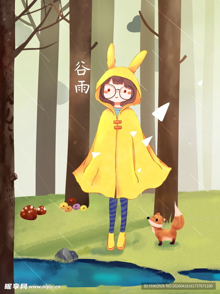 森林中穿雨衣的可爱女孩