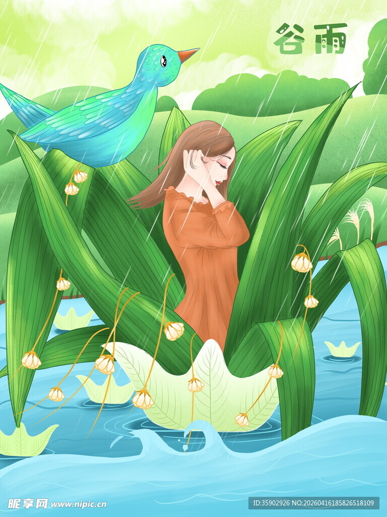 雨中女孩与飞鸟的静谧画面