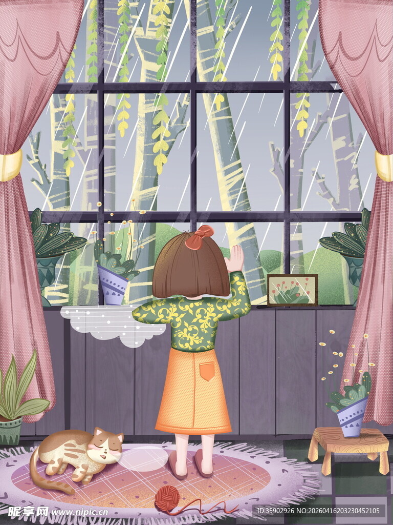 女孩窗前赏景的温馨瞬间