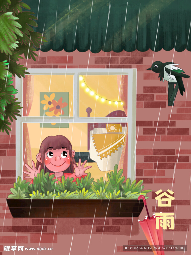 雨中窗边女孩与飞翔小鸟