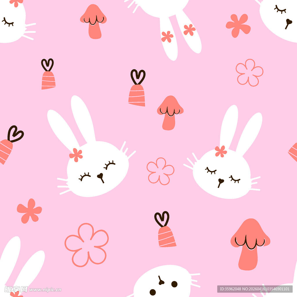 粉色兔子花卉可爱无缝图案