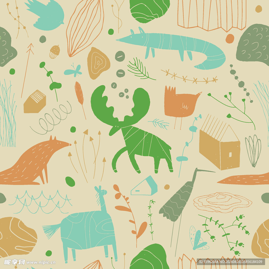 动物与植物的多彩卡通图案