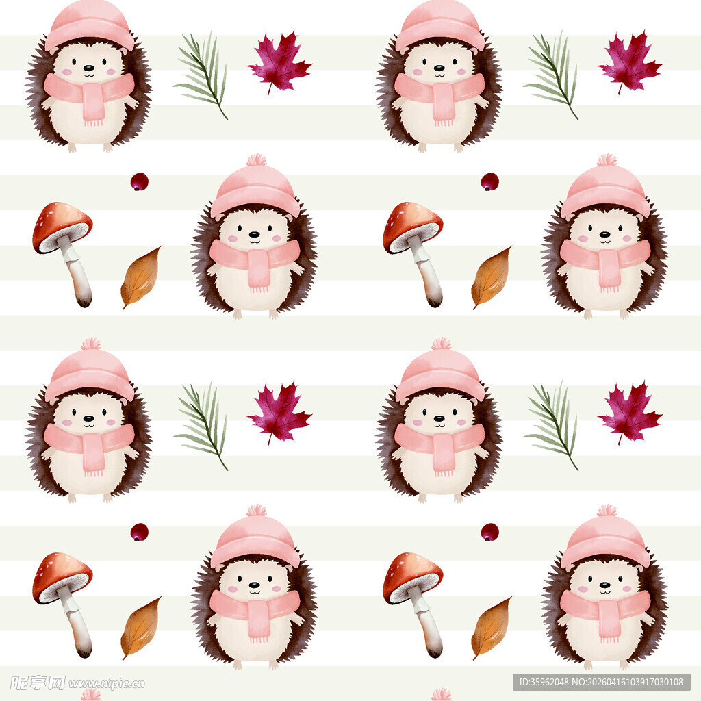 可爱刺猬与蘑菇枫叶图案