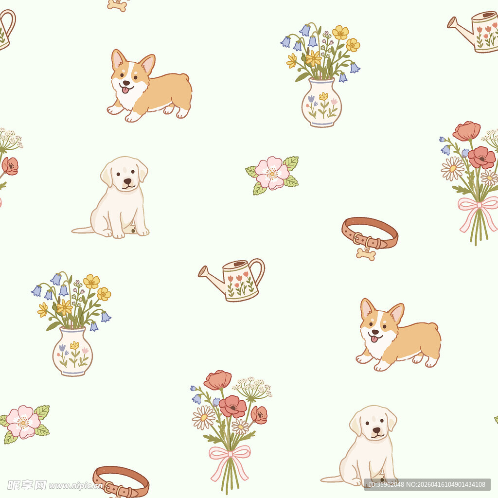 可爱柯基与花卉图案背景
